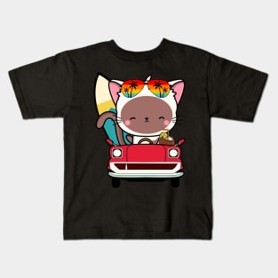 Funny white cat driving a car Kids T-Shirt